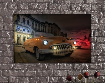 LED Illuminated Canvas Art Classic Car - Vintage Beauty on Paseo del Prado, Havana, Cuba,Classic Car Canvas Art, LED Light Up Car