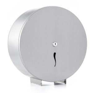 May include: A circular, brushed stainless steel jumbo toilet paper dispenser featuring a central locking mechanism with a keyhole and a vertical, curved viewing slot. The bottom edge includes two serrated metal teeth for tearing paper.