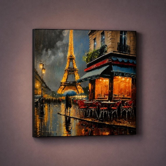 LED Eiffel Tower Rainy Paris Canvas Art, Illuminated Paris Café Wall Decor, Romantic French Cityscape Lighted Artwork Gift