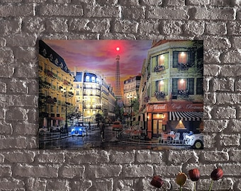 LED Illuminated Canvas Art Romantic Parisian Street Café and Eiffel Tower Decor-LED Illuminated Canvas Art,Romantic Paris Street Art