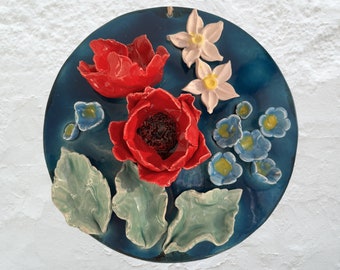 Handmade Ceramic Red Floral Wall Decor,Hand-Painted Wall Sculpture,Ceramic Tile Decor,Ceramic Floral Motif,Modern Handcrafted Wall Ornament