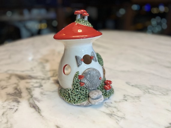 Handmade Ceramic Mushroom House Tealight Holder: Whimsical Candle Luminary