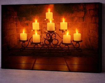 Enchanted Candlelight LED Canvas Art – Glowing Fireplace Candle Wall Art, Warm Ambient Light Decor, Magical Home Artwork