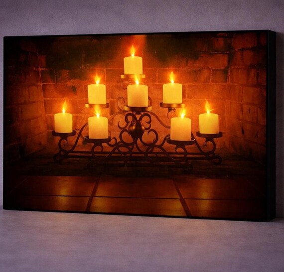 Enchanted Candlelight LED Canvas Art – Glowing Fireplace Candle Wall Art, Warm Ambient Light Decor, Magical Home Artwork