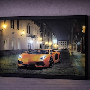 LED Illuminated Luxury Car Canvas Art, Supercar Night Street Wall Decor, Automotive Gift for Car Lovers, Battery Powered