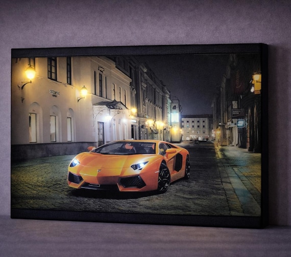 LED Illuminated Luxury Car Canvas Art, Supercar Night Street Wall Decor, Automotive Gift for Car Lovers, Battery Powered