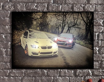 LED Illuminated Canvas Art Racing Legends-The Thrill of Speed,Forest Road Racing Car Canvas Prints for Automotive Decor wall canvas print