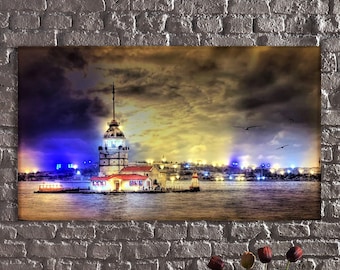 LED Illuminated Canvas Art Istanbul Maiden's Tower LED Light Up Canvas Print with Night Sky Sea View,Illuminated Maiden's Tower,Cityscape