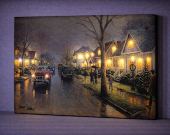 LED Rainy Cityscape Canvas Art, Vintage Street Scene Wall Decor Nostalgic Neighborhood Painting Cozy Lighted Canvas Battery Powered Wall Art