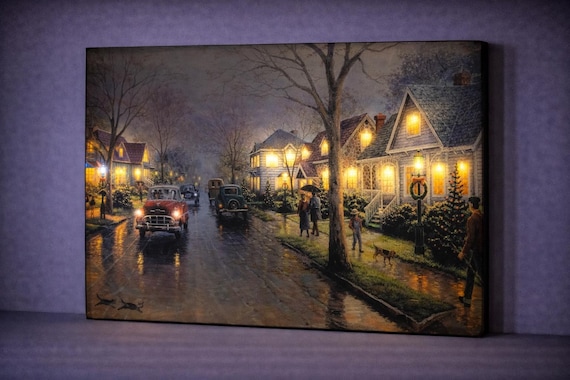 LED Rainy Cityscape Canvas Art, Vintage Street Scene Wall Decor Nostalgic Neighborhood Painting Cozy Lighted Canvas Battery Powered Wall Art