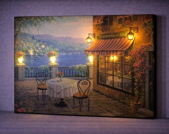 LED Lakeside Restaurant Canvas Art, Romantic Terrace Wall Decor, Illuminated Cafe Scene Battery Powered Wall Art Cozy Evening Light Painting