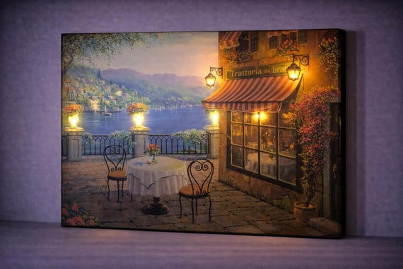 LED Lakeside Restaurant Canvas Art, Romantic Terrace Wall Decor, Illuminated Cafe Scene Battery Powered Wall Art Cozy Evening Light Painting