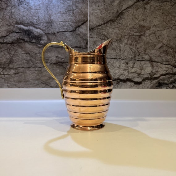 Handcrafted Copper Pitcher with Brass Handle: Embossed Vintage Dinnerware