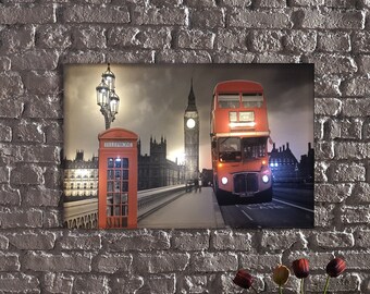 LED Illuminated Canvas Art London Themed-Stylish Home Decor Accent with Iconic London Landmarks,LED Illuminated Canvas,Red Bus and Phone Box