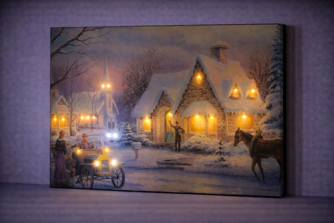 LED Snowy Village Canvas Art, Vintage Winter Street Scene, Christmas ...