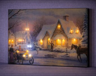 LED Snowy Village Canvas Art, Vintage Winter Street Scene, Christmas Lighted Wall Decor, Cozy Cottage Painting, Battery Powered Holiday Wall