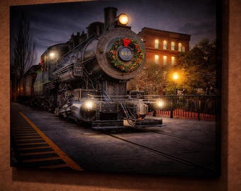 LED Christmas Train Canvas Art, Illuminated Steam Locomotive No 410, Vintage Railroad Wall Decor, Holiday Train Gift, Battery Powered