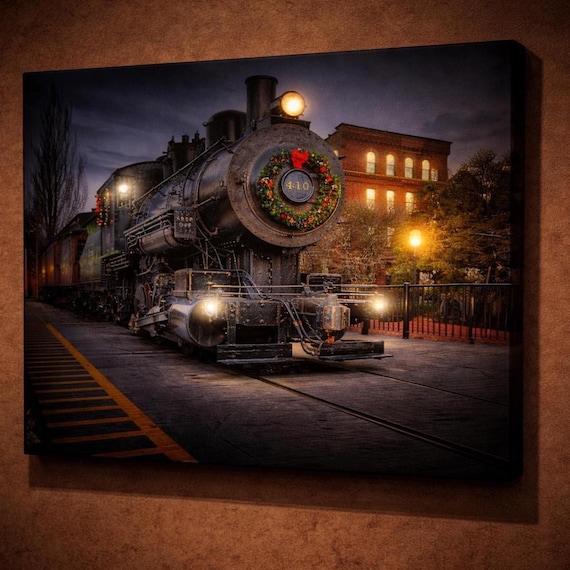 LED Christmas Train Canvas Art, Illuminated Steam Locomotive No 410, Vintage Railroad Wall Decor, Holiday Train Gift, Battery Powered