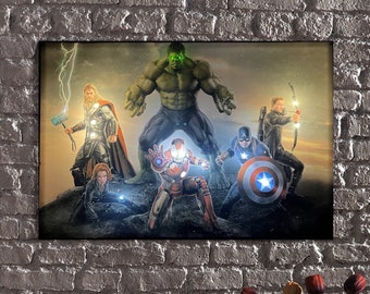 LED Illuminated Canvas Art: Epic Superhero Ensemble II-Unite the Heroes with Glowing Weapons and Cosmic Skies Wall Art-One-of-a-Kind LED Art