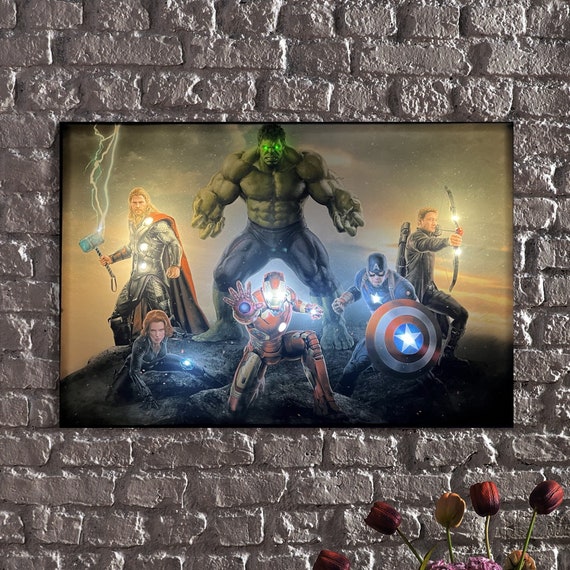 LED Illuminated Canvas Art: Epic Superhero Ensemble II-Unite the Heroes with Glowing Weapons and Cosmic Skies Wall Art-One-of-a-Kind LED Art