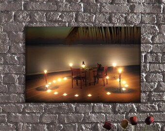 LED Illuminated Canvas Art Romantic Beach Sunset-Coastal Home Decor,Beach Sunset Canvas Art,LED Illuminated Romantic Beach Dinner