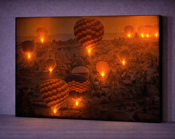 LED Cappadocia Sunrise Balloon Canvas Art, Illuminated Hot Air Balloon Wall Decor, Travel Landscape Artwork, Turkey Balloon Lights