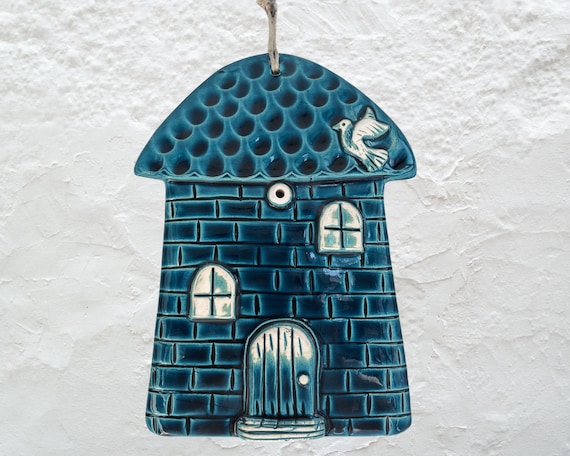 Turquoise Ceramic House Wall Decor: Handcrafted Clay Sculpture
