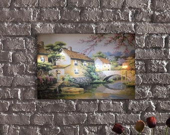 LED Illuminated Stone Bridge Over Water - Rustic Village Canvas Art,Village Landscape LED Light Up Canvas Art