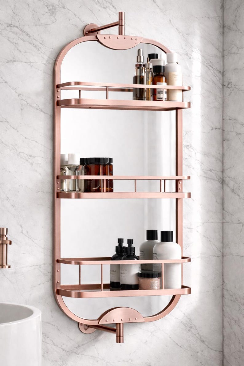 360 Rotating Wall Mirror with Shelf – Luxury Stainless Steel Bathroom Vanity Makeup Mirror – BRASS/Gold/Chrome/Black/Antique Finish Options image 17