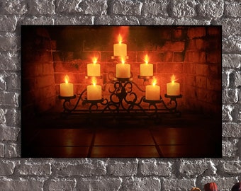 LED Illuminated Canvas Art Enchanted Fireplace-Embrace the Flickering Warmth,Illuminated Fireplace Candleholder Canvas Wall Art,Romantic art