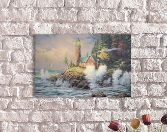 LED Illuminated Canvas Art Coastal Lighthouse Stone Cottage Canvas Wall Art with Ocean and Forest View, Landscape,Nature-Inspired LED Canvas
