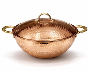 Handcrafted Hammered Copper Wok Pan with Lid, Tin Lined, Brass Handles, Italian Style Copper Cookware
