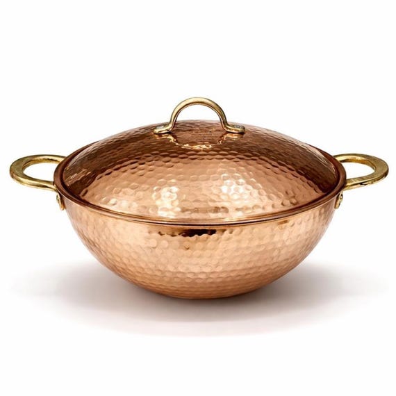 Handcrafted Hammered Copper Wok Pan with Lid, Tin Lined, Brass Handles, Italian Style Copper Cookware