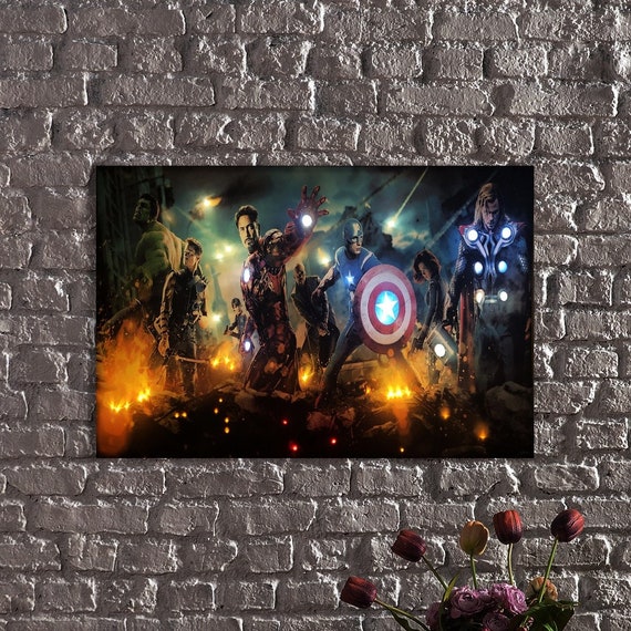 LED Illuminated Superhero Canvas Art – Epic Team Battle Night Scene, Lighted Wall Decor, Gaming Room Art, Gift for Fans