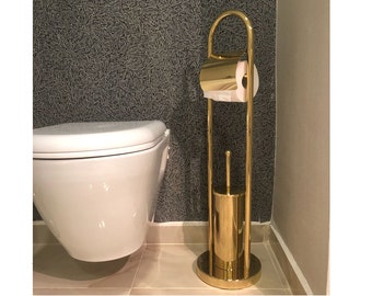Bathroom Free Standing Toilet Paper Holder Stand with Toilet Brush, Stainless Steel Toilet Tissue Paper Roll Holder, Space Saver Roll Stand