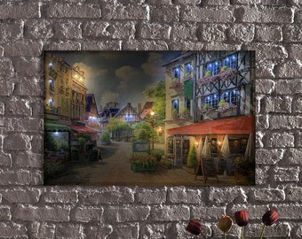 Quaint Street Scenes: LED Illuminated Restaurants, Colorful Flowers, and Cozy Homes Canvas Print Wall Art- LED Backlit Canvas Art