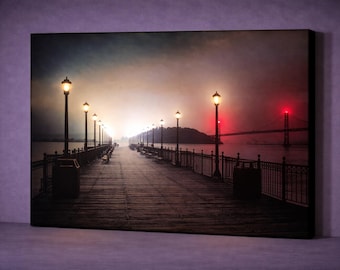 LED San Francisco Pier 7 Canvas Art, Lighted Sunset Wall Decor, Bay Bridge Illuminated Canvas Print, Battery Powered Cityscape Artwork