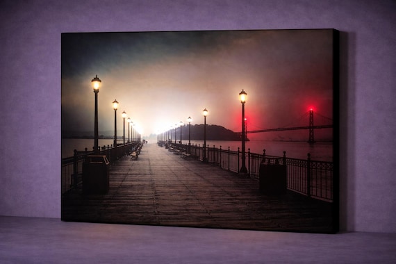 LED San Francisco Pier 7 Canvas Art, Lighted Sunset Wall Decor, Bay Bridge Illuminated Canvas Print, Battery Powered Cityscape Artwork