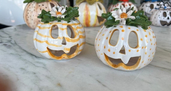 Ceramic Pumpkin Tealight Holder Set: Halloween Floral Luminaries