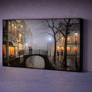Arte de pared romántico con iluminación LED, lienzo de un puente lluvioso, decoración de pared con iluminación ambiental, regalo único de aniversario, decoración para dormitorio y sala de estar.