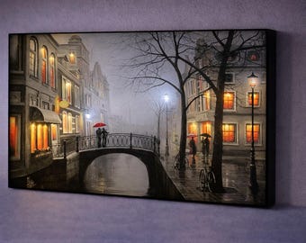 LED Illuminated Romantic Wall Art, Rainy City Bridge Canvas, Ambient Lighted Wall Decor Unique Anniversary Gift, Bedroom Living Room Decor