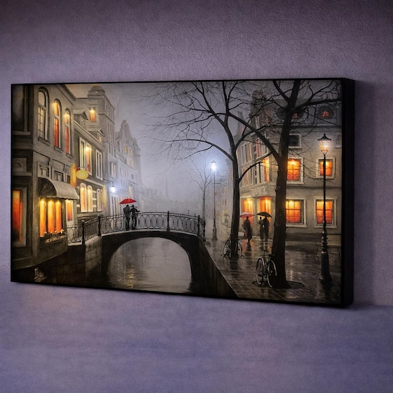 LED Illuminated Romantic Wall Art, Rainy City Bridge Canvas, Ambient Lighted Wall Decor Unique Anniversary Gift, Bedroom Living Room Decor
