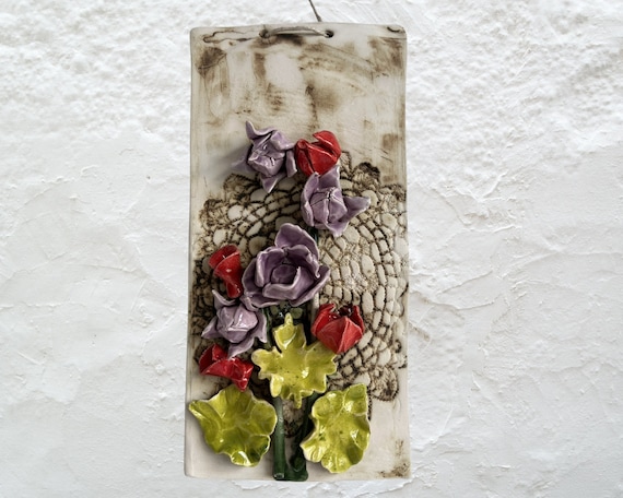Handmade Ceramic Flower Wall Art: Colorful 3D Floral Tile