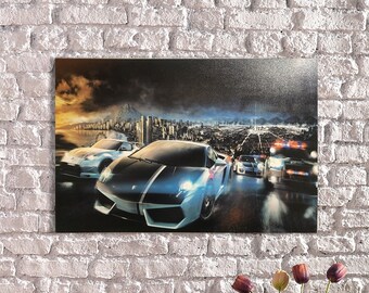LED Illuminated Canvas Art Luxury Racing Cars Police Chase,Unique LED Artwork-Police Pursuit,Limited Edition Wall Art-One-of-a-Kind LED Art