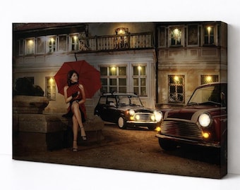 LED Illuminated Canvas Art Lady in Red with Classic Mini Cars, Vintage Wall Art, Battery Powered Lighted Wall Decor
