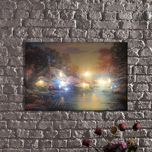 LED Illuminated Canvas Art Rustic Lakeside Stone Cottage and Rowboat LED Light Up Wall Art Decor,Lakeside Serenity LED Wall Art,Lakeside