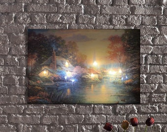LED Illuminated Canvas Art Rustic Lakeside Stone Cottage and Rowboat LED Light Up Wall Art Decor,Lakeside Serenity LED Wall Art,Lakeside
