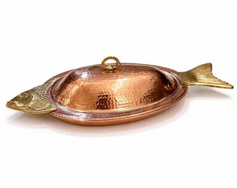 Handcrafted Copper Fish Serving Tray with Lid Tin Lined, Hammered Copper Platter, Brass Details, Artisan Tableware