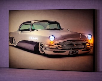 1955 Classic Car LED Canvas Art Vintage Automotive Wall Decor Lighted Retro Car Painting, Battery Powered Man Cave Decor Gift for Car Lovers
