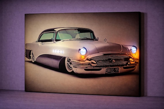 1955 Classic Car LED Canvas Art Vintage Automotive Wall Decor Lighted Retro Car Painting, Battery Powered Man Cave Decor Gift for Car Lovers